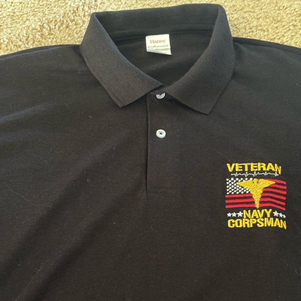 Hanes Black Polo with Veteran Navy Corpsman Design